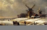 Frozen Canvas Paintings - Figures On A Frozen Waterway By A Windmill